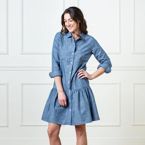 HOPE & HENRY Women's Organic Drop Waist Shirt Dress In Blue - Picture 1 of 7